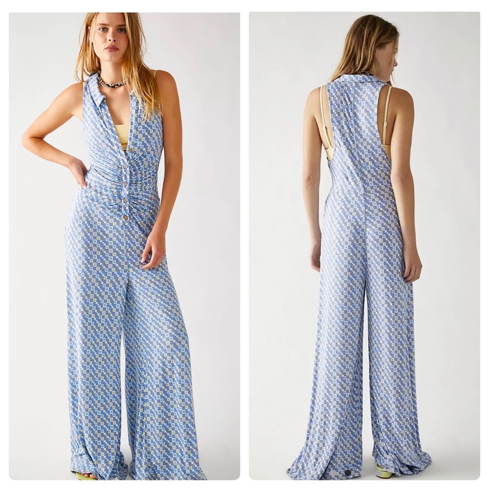 ❌SOLD❌ Free People Shayla Halter Jumpsuit, Blue, XS - Picture 2 of 3